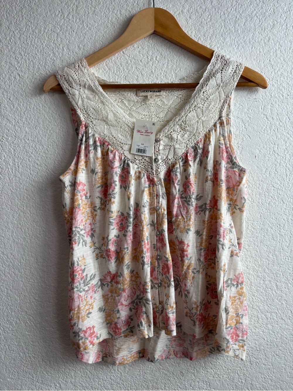 Lucky Brand Cream Floral Crochet Trim Camisole Tank Top New